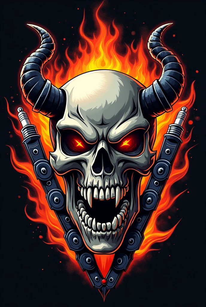 Logo, moto, fire, X-shaped spark plugs, X-piston, motorcycle chain, demon hour, Skull, dorado