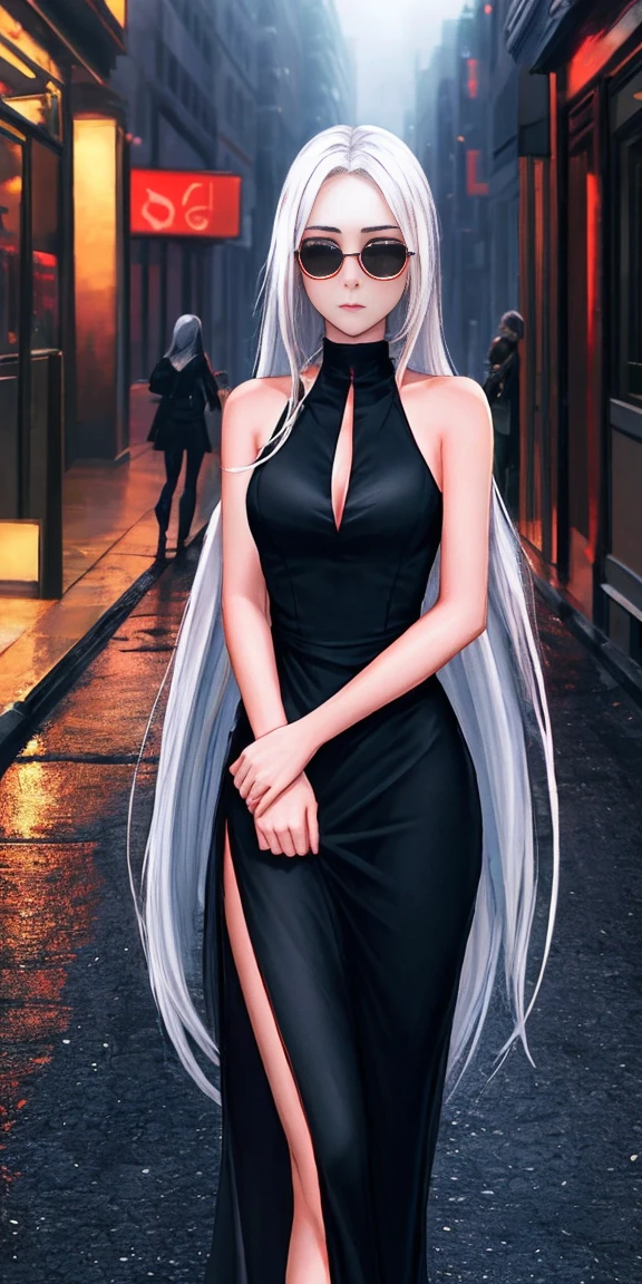 ultra quality, Shiny skin, atmospheric, 8 K, cinematic ((street background)) break ((long white hair)) narrowed black eyes, long black dress, CROSSED FINGERS, Sunglasses