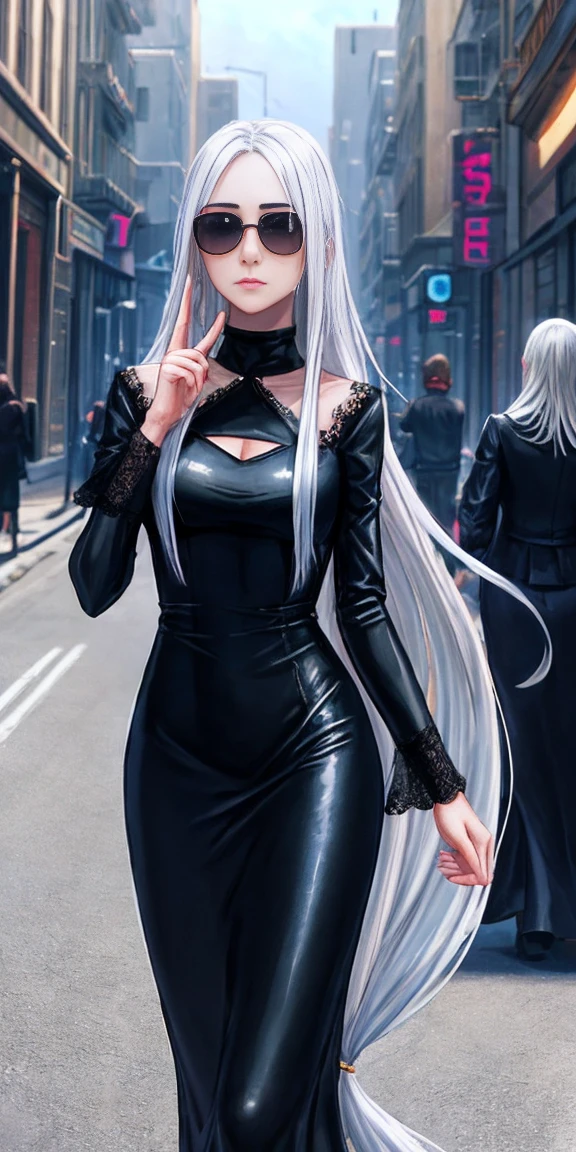 ultra quality, Shiny skin, atmospheric, 8 K, cinematic ((street background)) break ((long white hair)) narrowed black eyes, long black dress, CROSSED FINGERS, Sunglasses