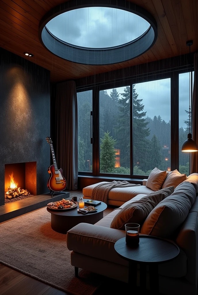Large cozy den room, rainstorm outside, dark clouds, L shaped comfy couch, pillows, blanket, fireplace, electric guitar, medium tv, speakers, dimmly lit, snacks on a small side table, hot coffee, whiskey, skylight, round window, sexy, homey, gentleman decor, candles