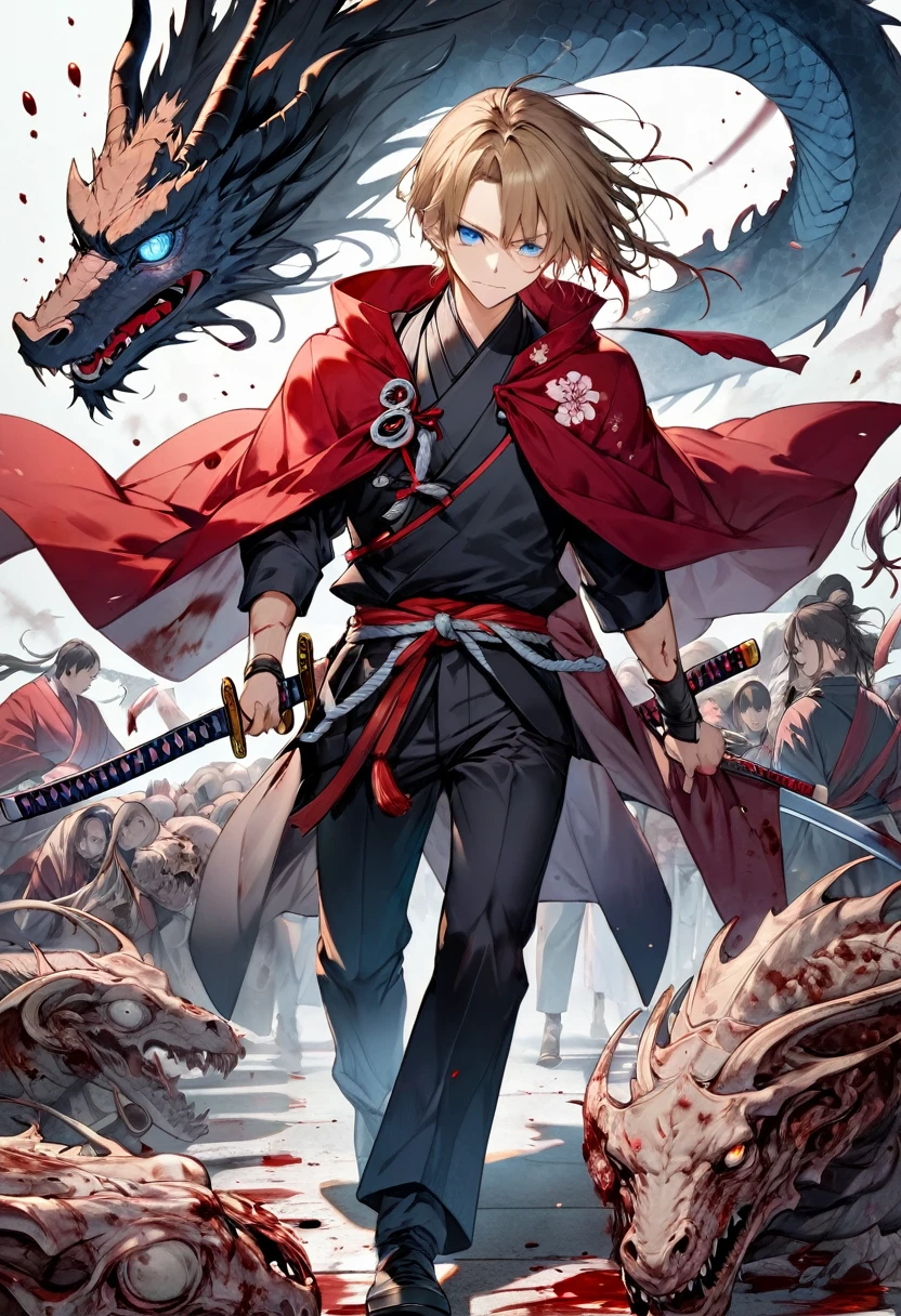 a samurai with dark blond hair, with light blue eyes and his left eye closed by a scar, with a red cloak full of blood, walking over corpses, in his hand a katana full of blood and with a dragon tattoo on his right hand