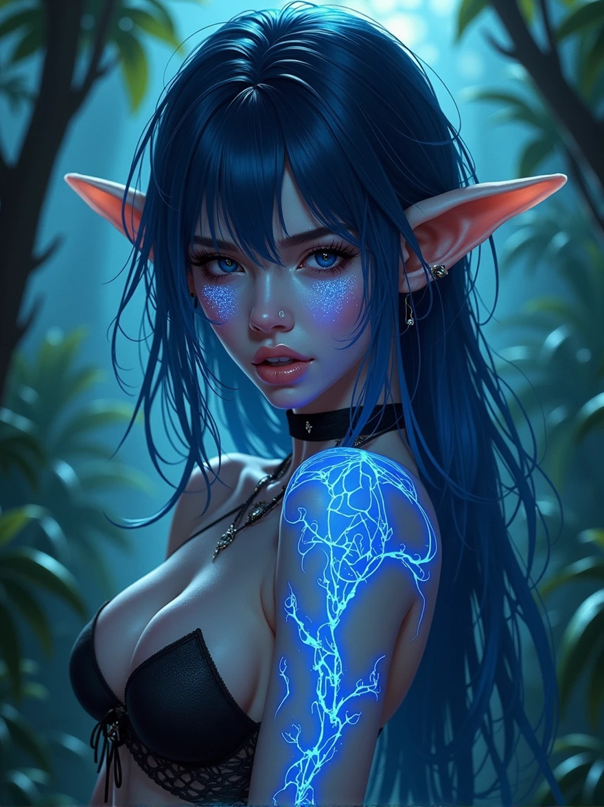 Beautiful and gorgeous elf, neon midnight indigo, elf woman, elf punk, glowing white tattoo, glittering, jungle, dark, siting , cool pose, beautiful magical creature like jaguar, glowing, blue stripe, firecy, both look gorgeous and firecy, forest, beautiful anime style, illustration, uhd in the style, hyperrealistic realistic,