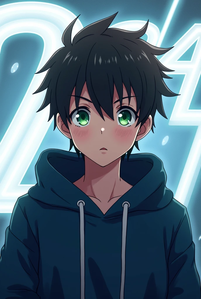 anime teen boy with dark blue hoodie,green eyes and dark brown hair with a background that says 2024 in white and blue background