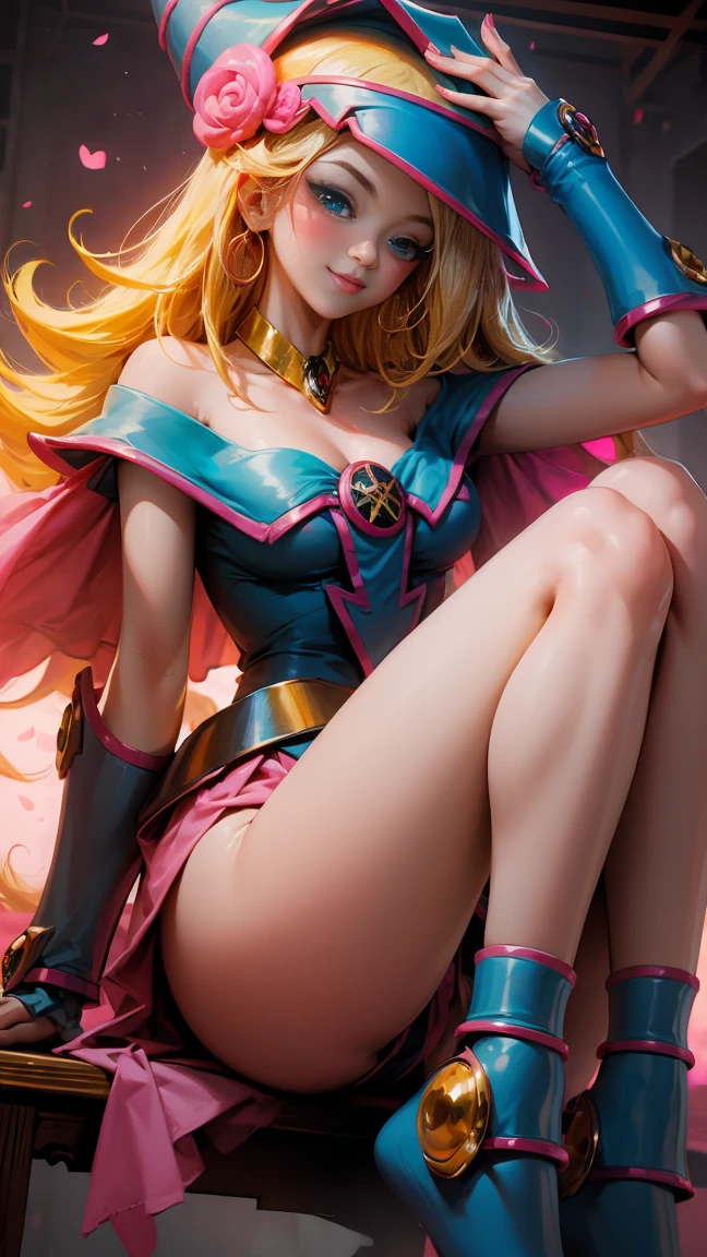Half body shot. Beautiful dark magician gils, blue eyes, long thick black eyelashes, pink lips. Socks with pink blush, innocent smile, gold earrings. gold choker, Long blonde hair, Sensual and innocent pose.