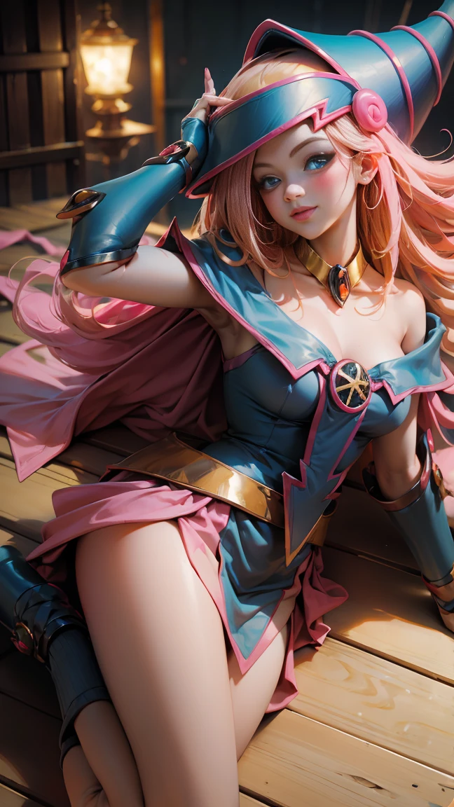 1 woman, long curly hair, pink hair, blue eyes, elf, villain, evil smile, dark clothes, sensual, combat stance, holding a staff, glowing eyes, medium , show nipple vagina, open .4