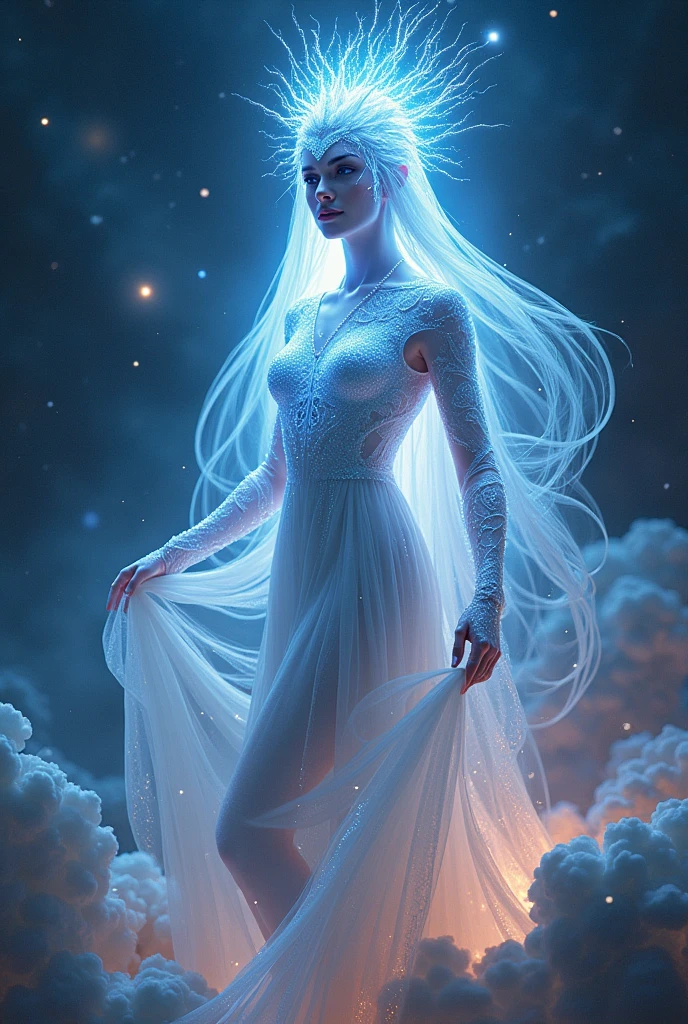 An ethereal cosmic goddess, her holographic form glowing with celestial brilliance against a backdrop of swirling galaxies. This awe-inspiring image is a digitally rendered painting, showing the intricate details of her flowing robes and intricate headdress. Each pixel is meticulously crafted to capture the essence of otherworldly grace, with a mesmerizing play of light and color. The image draws viewers into a mesmerizing realm of cosmic beauty and divine presence.