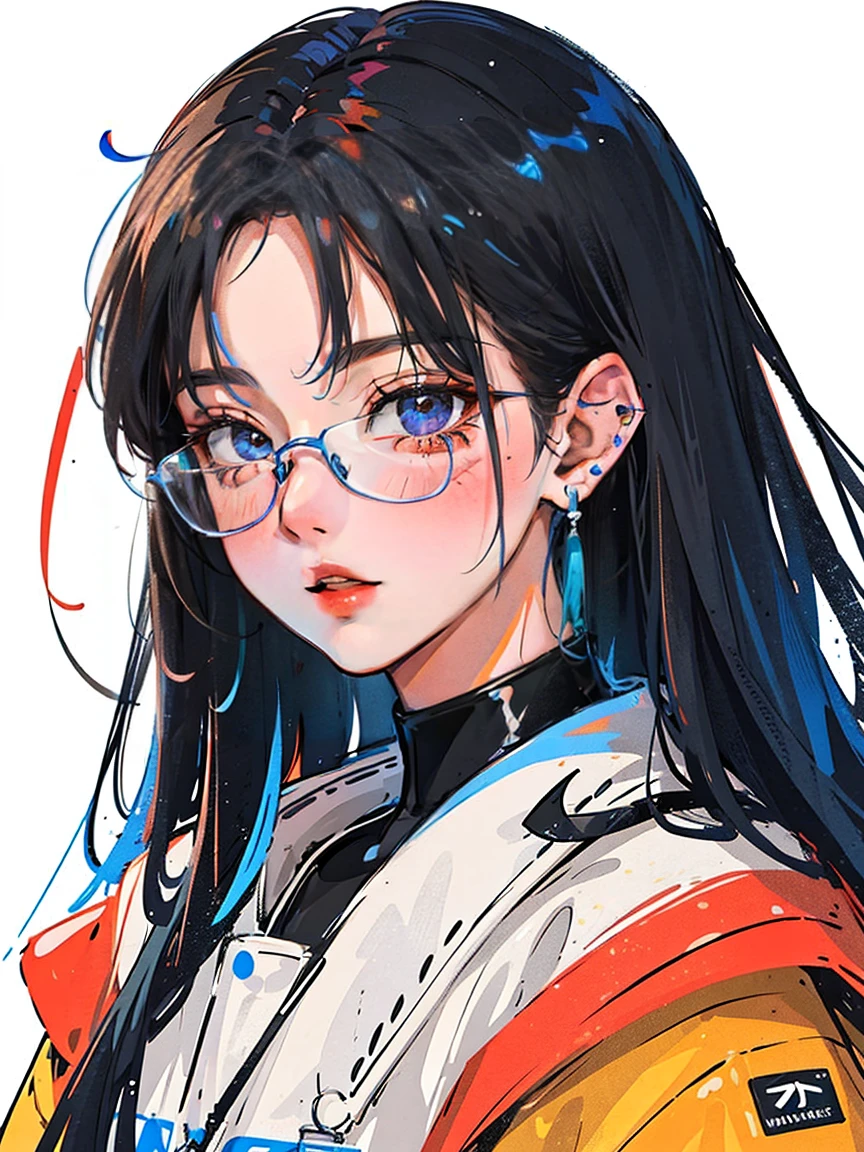 (portrait:1.4), (masterpiece:1.2, top quality:1.2), above, upper body, 1 girl, search, Focus on face, very detailed face, Very beautiful eyes, good looking, compensate, put your finger to your lips, Sunglasses, fashion clothes, earrings, multicolored hair