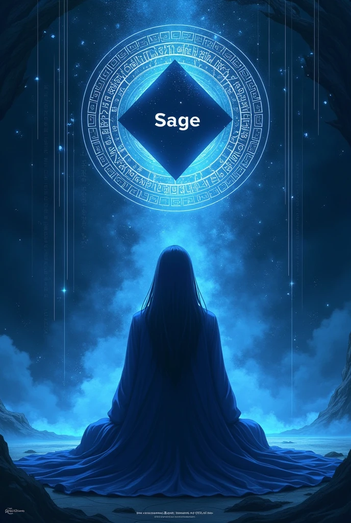 ((Best Quality)), ((masterpiece)), (detailed), an aura of wisdom in anime style, all light blue, with the black silhouette of a simple rhombus in the center, with the word Sage written inside. With a black background, with universal knowledge and magic runes.