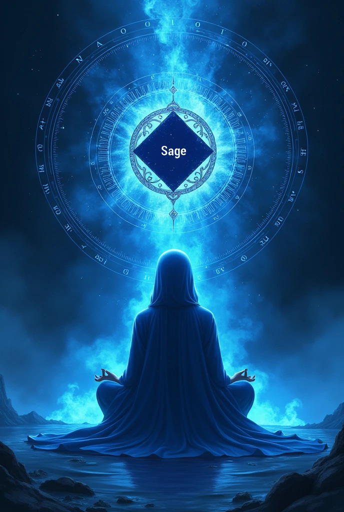 ((Best Quality)), ((masterpiece)), (detailed), an aura of wisdom in anime style, all light blue, with the black silhouette of a simple rhombus in the center, with the word Sage written inside. With a black background, with universal knowledge and magic runes.