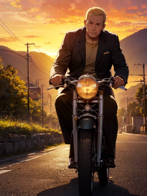 (Ultra-high resolution), (masterpiece), (Attention to detail), (high quality), (最high quality), One Man, (Teppei Hojo), Middle-aged men, elder, blonde, (iris), jaw, Gold Necklace,  (Black Leather Jacket), Vintage Bikes, Sunset, The Open Road, wilderness, Wind, free, Retro