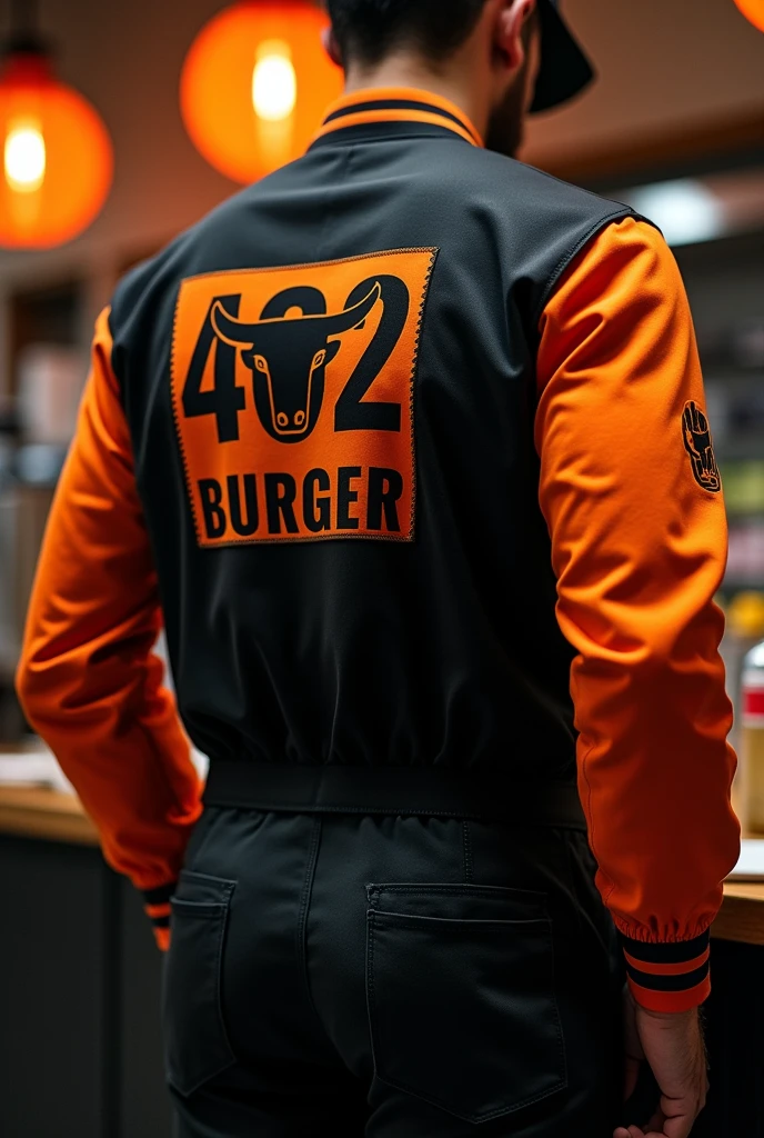 Design a uniform for my hamburger restaurant called 402 BURGER integrating an animal that is representative of hamburgers or meat stamped on the back so that it can represent the brand so that it can be used for branding and marking in black and orange.