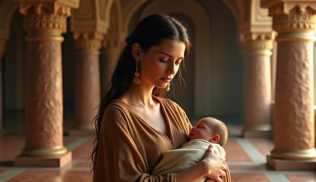 (best qualityer: 1,4), (ultra highres: 1,2), (photorrealistic: 1,4), (8k, foto RAW: 1,2). The description of the Samaritan woman&#39;s physical appearance is not detailed in the biblical narrative., but her Samaritan origin suggests that she probably had similar characteristics to other people in the region, the story of the samaritan woman, she is holding her newborn son in the palace.