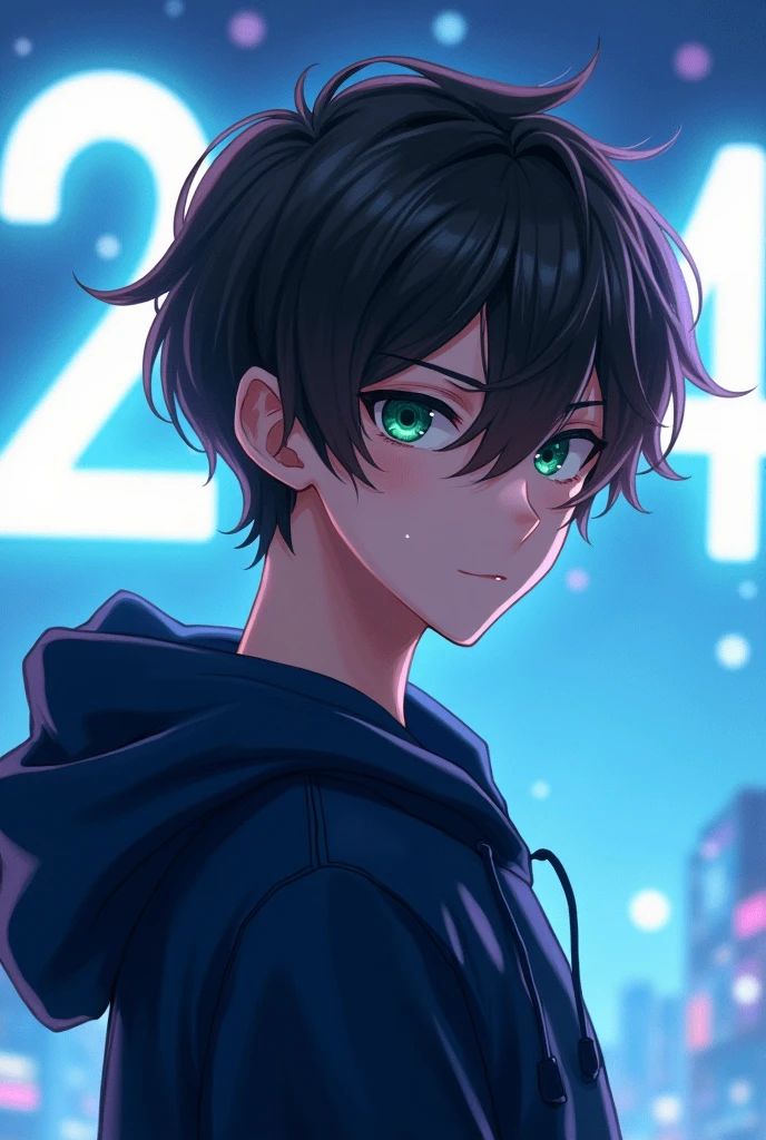 anime teen boy with dark blue hoodie,green eyes and dark brown hair with a background that says 2024 in white and blue background