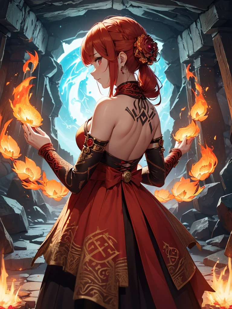 (((best quality, sharp image, clear image, cinematic lighting, 8k resolution, masterpiece, ultra detailed, intricate))) Girl, (((looking over shoulder))), shot from behind, ((half shot)), fire mage, cute, fiery red hair, pigtails in hair, (intricate dress), (white dress), ribbons in hair, smiling, fiery red, ((intricate Portal background)), ((fire magic)), candles, ((glowing runes on skin)), (flame patterns), ((fiery lotus flowers)), busy background., ((fire sigils)), (rock formations), Exploding rock, lavafalls, gauntlets, ((Red rubies)), busy background.