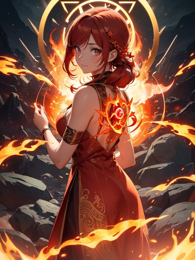 (((best quality, sharp image, clear image, cinematic lighting, 8k resolution, masterpiece, ultra detailed, intricate))) Girl, (((looking over shoulder))), shot from behind, ((half shot)), fire mage, cute, fiery red hair, pigtails in hair, (intricate dress), (white dress), ribbons in hair, smiling, fiery red, ((intricate Portal background)), ((fire magic)), candles, ((glowing runes on skin)), (flame patterns), ((fiery lotus flowers)), busy background., ((fire sigils)), (rock formations), Exploding rock, lavafalls, gauntlets, ((Red rubies)), busy background.