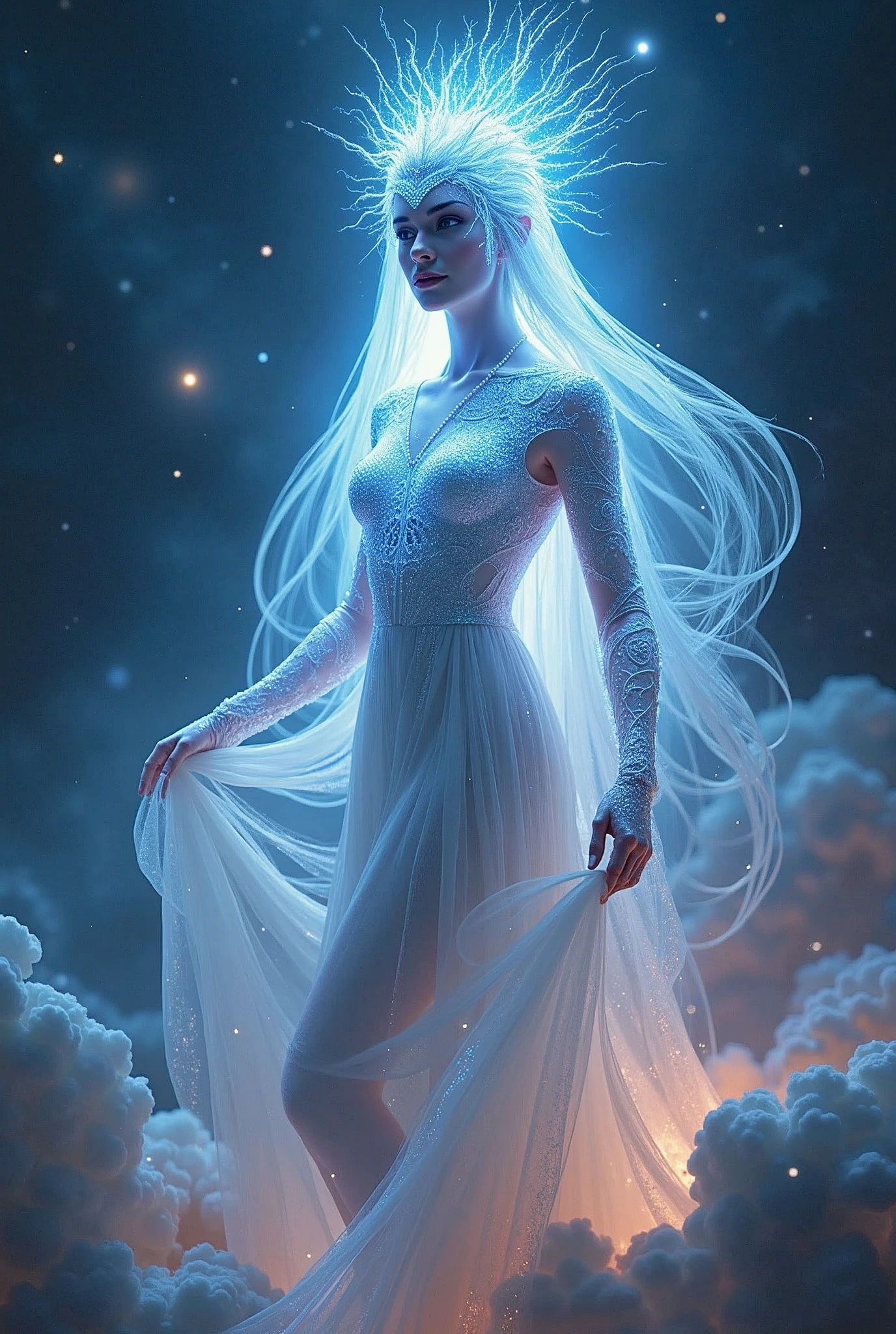 An ethereal cosmic goddess, her holographic form glowing with celestial brilliance against a backdrop of swirling galaxies. This awe-inspiring image is a digitally rendered painting, showing the intricate details of her flowing robes and intricate headdress. Each pixel is meticulously crafted to capture the essence of otherworldly grace, with a mesmerizing play of light and color. The image draws viewers into a mesmerizing realm of cosmic beauty and divine presence.