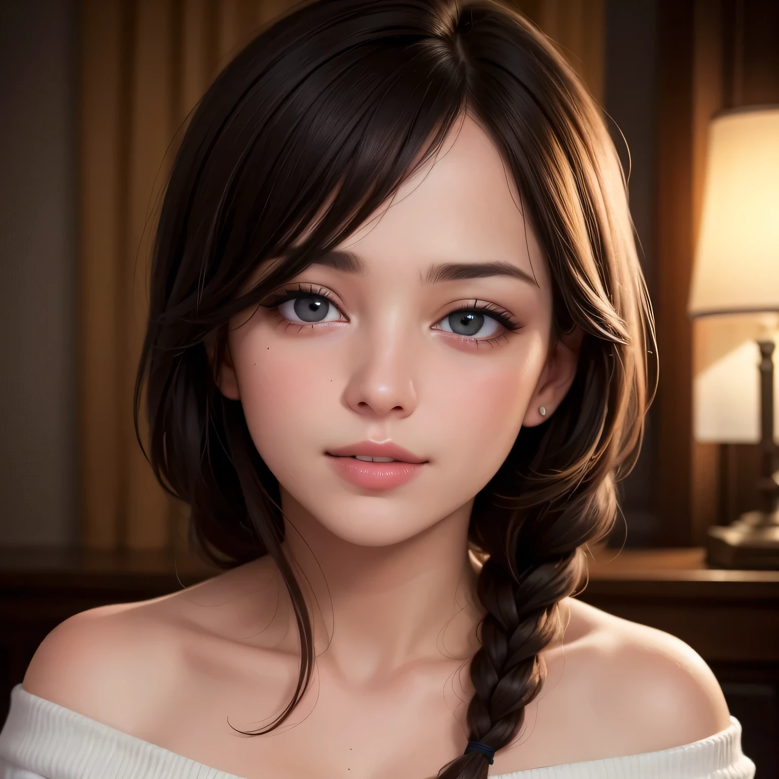 a beautiful woman with long black braided hair, seductive soft eyes, blushing hard, pink parted lips with a seductive smile, long neck and collarbone, medium chest and cleavage, wearing an off-shoulder t-shirt exposing her bare shoulders, (best quality,4k,8k,highres,masterpiece:1.2),ultra-detailed,(realistic,photorealistic,photo-realistic:1.37),intricate details,highly detailed face,extremely detailed eyes and face,longeyelashes,beautiful detailed lips,extremely detailed skin,cinematic lighting,warm color tones,chiaroscuro lighting,romantic,sensual,intimate,alluring,captivating