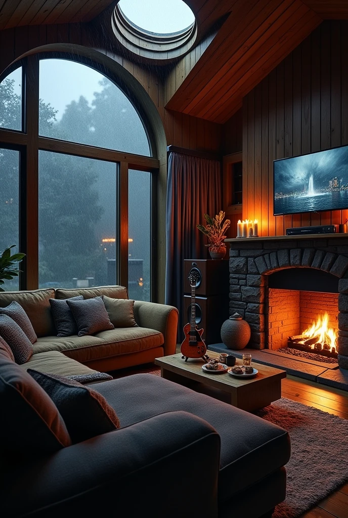Large cozy den room, rainstorm outside, dark clouds, L shaped comfy couch, pillows, blanket, fireplace, electric guitar, medium tv, speakers, dimmly lit, snacks on a small side table, hot coffee, whiskey, skylight, round window, sexy, homey, gentleman decor, candles