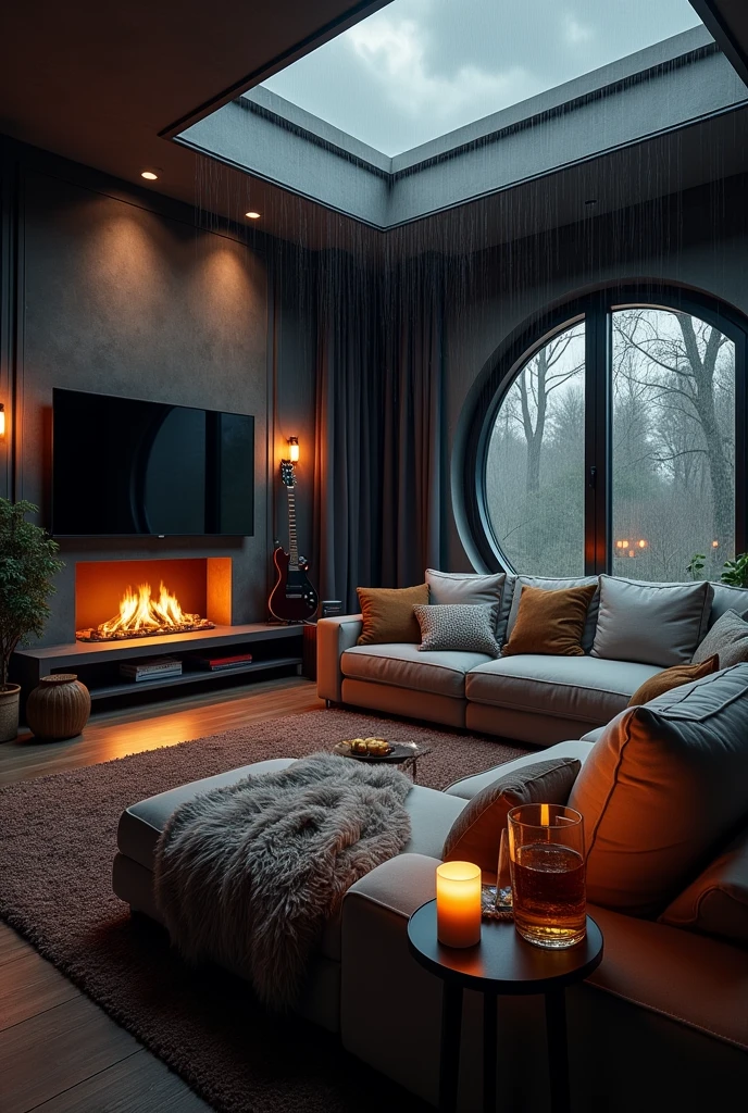 Large cozy den room, rainstorm outside, dark clouds, L shaped comfy couch, pillows, blanket, fireplace, electric guitar, medium tv, speakers, dimmly lit, snacks on a small side table, hot coffee, whiskey, skylight, round window, sexy, homey, gentleman decor, candles