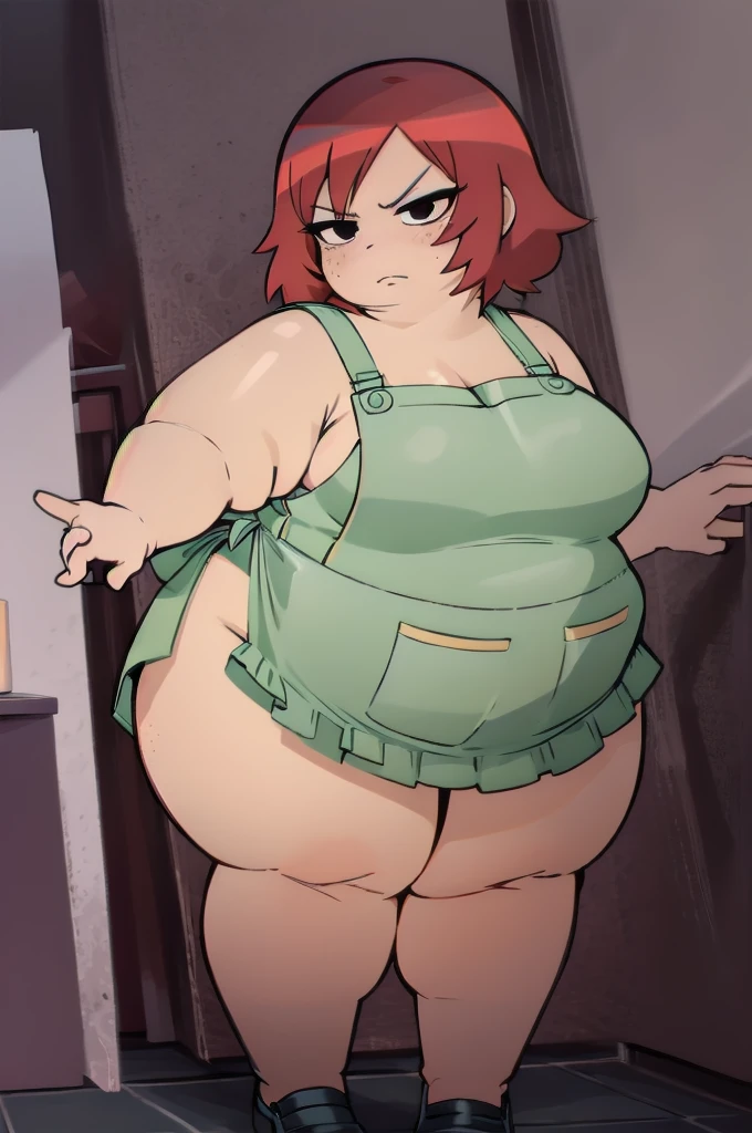 Who is new, indoors, Looking at the audience, 1 obese Girl, Solitary, angry, blush, Wide hips, Willow Waist, freckle, Red hair, black eyes:1.4, short hair, , thick thighs, Fat Curvy beauty:1.2, BREAKMaid costume, apron, High Leg Raise, Thighs squeeze huge breasts