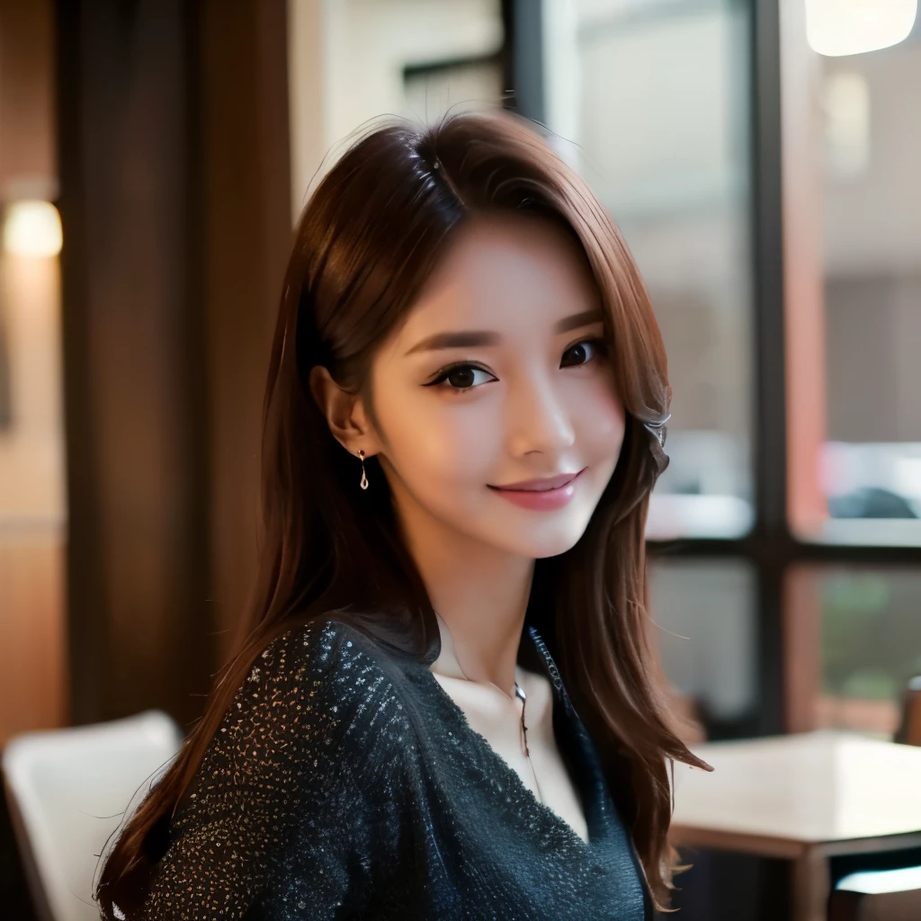 1woman,solo,28yo, beautiful, portrait, slender ,sitting at a table in a cafeteria , cinematic, dark night, upper body,8k,