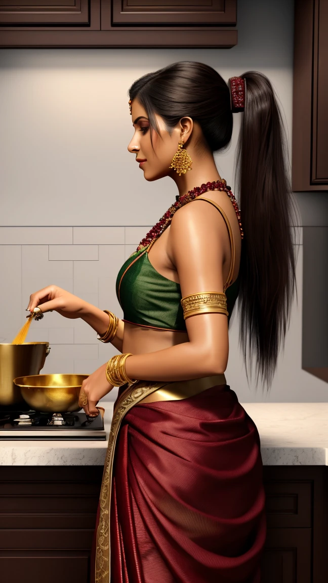 Realistic 3D illustration of a woman cooking in the kitchen in a traditional sari, adorned with rich burgundy fabric with intricate gold embellishments. She stands in profile, her long hair styled in a ponytail, showing that she is cooking in the kitchen. The figure is adorned with several gold bangles and a traditional necklace, set on a plain white background. full body posture