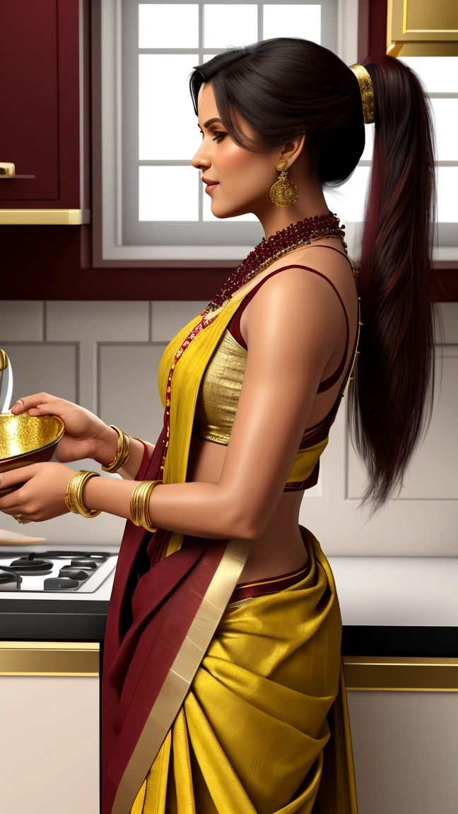 Realistic 3D illustration of a woman cooking in the kitchen in a traditional sari, adorned with rich burgundy fabric with intricate gold embellishments. She stands in profile, her long hair styled in a ponytail, showing that she is cooking in the kitchen. The figure is adorned with several gold bangles and a traditional necklace, set on a plain white background. full body posture