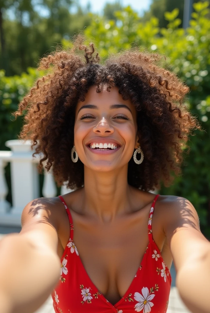 persona: The young woman has curly hair, voluminous and brown, with well-defined curls. She is smiling broadly, showing his teeth, which conveys joy and relaxation. Your eyes are partially closed because of the sunlight.

Clothing & Accessories: She is wearing a red blouse with a white floral print., sleeveless, with spaghetti straps. In the ears, She wears silver circular earrings that stand out due to the contrast with her hair color..

Scenario: Ao fundo, there is a white balustrade, typical of balconies or outdoor areas of houses. Above the balustrade, there is dense green vegetation with various trees and plants, indicating that the photo was taken in a garden or green area.

Lighting: The lighting is natural, probably from the afternoon sun, which directly illuminates the young woman&#39;s face, enhancing your features and the natural glow of your skin. The light creates a cheerful and sunny atmosphere.

Expression and Position: The young woman has her arm outstretched, indicating that she herself is holding the camera to take the photo. His expression is one of happiness, and the image captures a spontaneous and joyful moment.