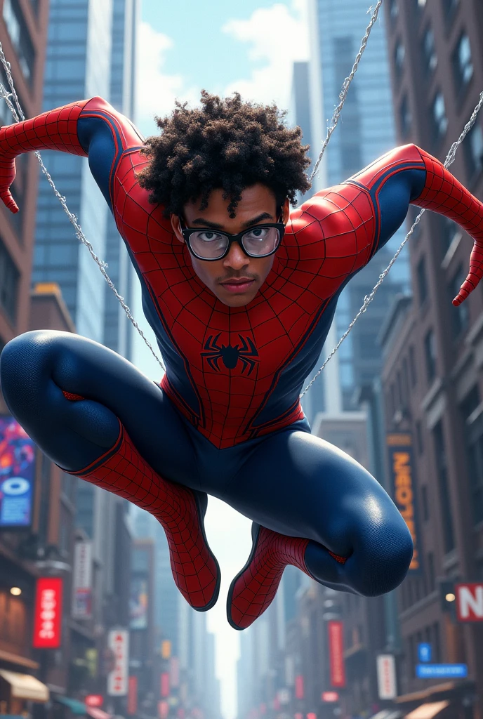 A brown guy with glasses and curly black hair , and with the powers of Spider-Man.