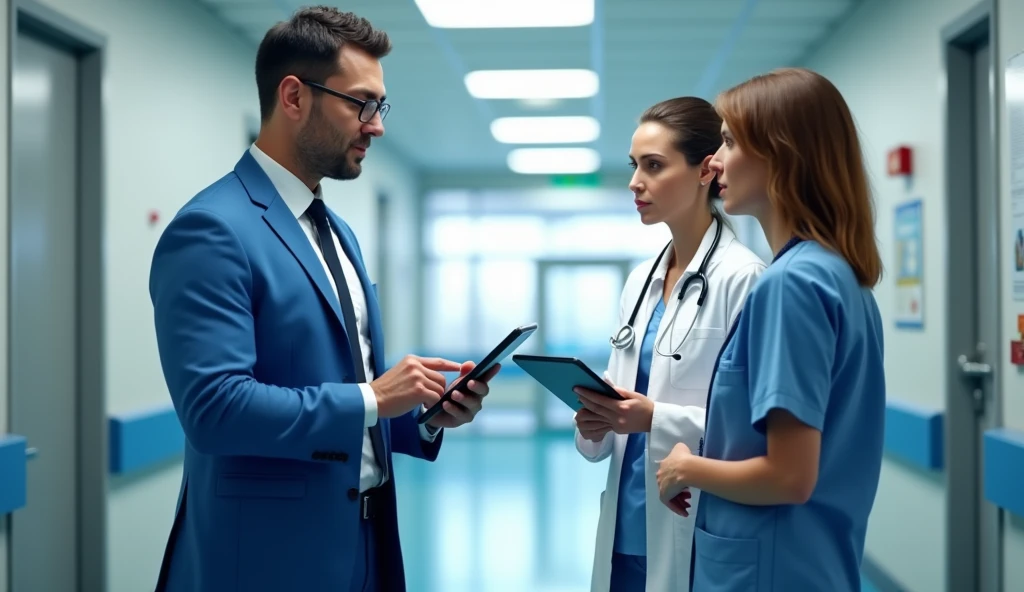 The image shows three medical professionals in a hospital corridor. On the left side of the image, there is a man wearing a blue suit and glasses, holding a tablet and looking at it intently. He appears to be a doctor or a nurse, and on the right side, there are two other medical professionals, one wearing a white lab coat and the other wearing a stethoscope around their neck. They are standing close together and appear to be engaged in a conversation. The background shows a large window and a signboard, suggesting that they are in a medical facility. The overall atmosphere of the scene is professional and focused.