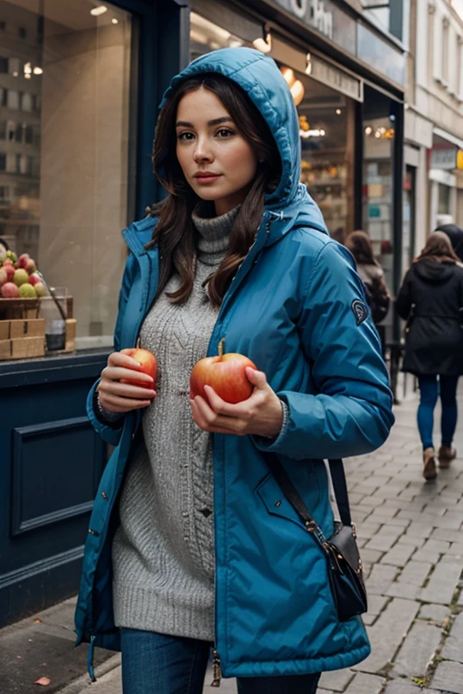 Make a woman in a blue parka , holding a bag with apples