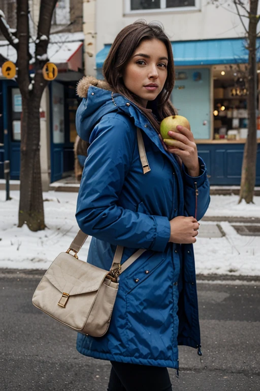 Make a woman in a blue parka , holding a bag with apples
