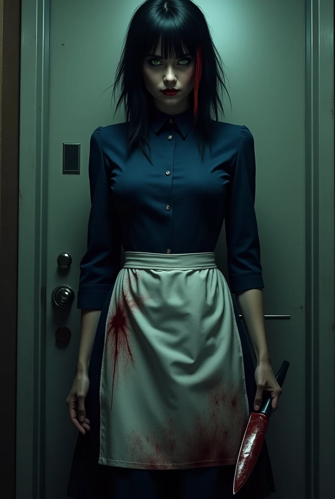 A movie poster, with a black haired, green eyed one, wearing a dark blue dress with a bloody white apron,  and holding a knife in his hand