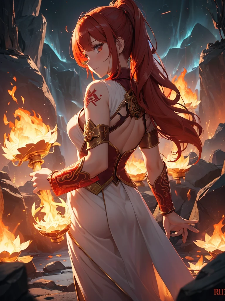 (((best quality, sharp image, clear image, cinematic lighting, 8k resolution, masterpiece, ultra detailed, intricate))) Girl, (((looking over shoulder))), shot from behind, ((half shot)), fire mage, cute, fiery red hair, pigtails in hair, (intricate dress), (white dress), ribbons in hair, smiling, fiery red, ((intricate Portal background)), ((fire magic)), candles, ((glowing runes on skin)), (flame patterns), ((fiery lotus flowers)), busy background., ((fire sigils)), (rock formations), Exploding rock, lavafalls, gauntlets, ((Red rubies)), busy background.