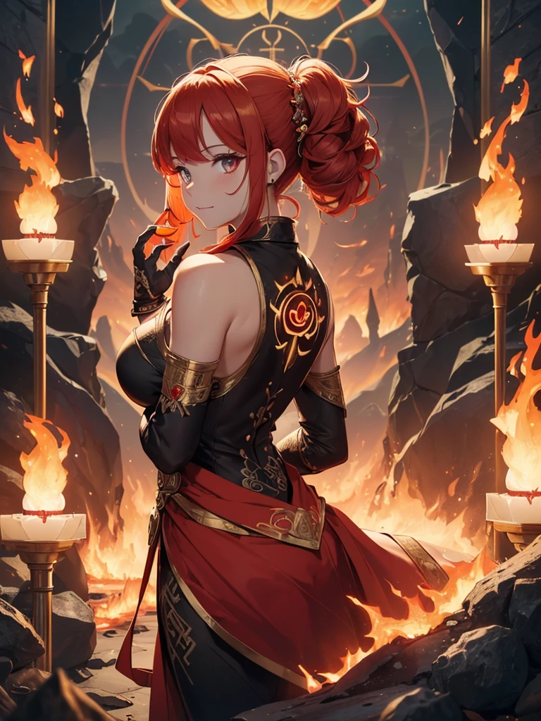 (((best quality, sharp image, clear image, cinematic lighting, 8k resolution, masterpiece, ultra detailed, intricate))) Girl, (((looking over shoulder))), shot from behind, ((half shot)), fire mage, cute, fiery red hair, pigtails in hair, (intricate dress), (white dress), ribbons in hair, smiling, fiery red, ((intricate Portal background)), ((fire magic)), candles, ((glowing runes on skin)), (flame patterns), ((fiery lotus flowers)), busy background., ((fire sigils)), (rock formations), Exploding rock, lavafalls, gauntlets, ((Red rubies)), busy background.