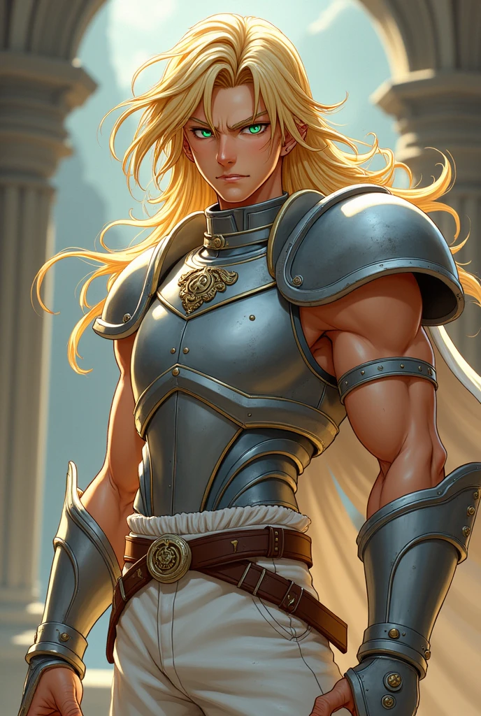 fair-skinned male, youthful appearance, greeneyes, angry look, blonde hair long, wearing a white tank top, wearing white pants, wearing silver chest armor, Knights of the Zodiac style, anime styling, Full-body image