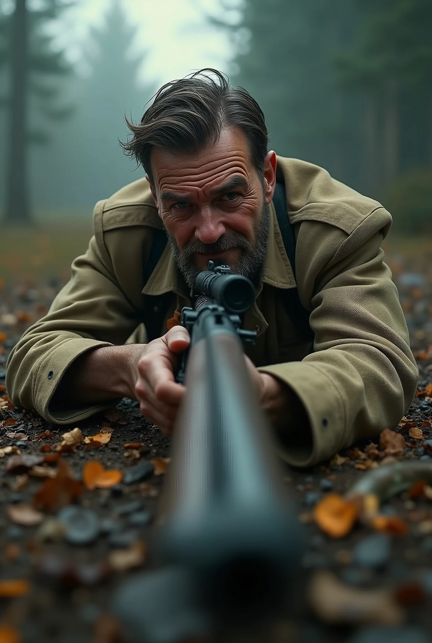 ((( masterpiece ))), (((Highest quality))), ((Very detailed)), (photograph), ((Very Rough and ugly)), High resolution, One dirty-face German Nazist soldier man, Age 55, laying on the ground, holding an ancient rifle. Aiming to a target out of the frame. front POV (Detailed eyes), (Detailed facial features), (Detailed Weapons), (Detailed fingers), (Leg details), (Eyes visible through hair), ((Drunk Eyes)), (Embarrassing :1.2), (Toothless smile), (((Fuller lips))), (High rocks Scene), (Upper Body), Colonial beige coat, ((Dim Light)), ((Film Grain)), ((Single-lens reflex camera)), ((35mm lens focal length)). 

Cinematic lights. Masterpiece, best quality, 8K, photo realistic, wallpaper, wallpaper 8k, photographic contest winner, Hyperrealistic art cinematic film still photography in the style of detailed hyperrealism photoshoot. [Entire scene is surrounded by lights, evoking a magical and eerie atmosphere. The lighting is bright and atmospheric, with smoke adding a touch of sinister ambiance. Best quality image, HDR enhancement, showcasing the utmost level of detail and realism]. [8K, Best Quality, Ultra High Resolution, (highly detailed CG unity 8k wallpaper), (best photo), (best shadows), isometric 3D, octane rendering, ray tracing, highly detailed, (Best quality, 4K, 8k:1.2), absurdity, ultra detailed, (realistic, photorealistic, photorealistic:1.37), complex parts, HDR, (complex parts:1.12), (hyper detailed, hyper realistic, Soft lighting, spicy:1.2), (complex parts, Hyper detailed:1.15). Blurred foreground. (backlit), masterpiece, high quality, brightness, chromatic aberration, foggy smoke, shadows, contrast, clear sky, (warm hue, warm tone), high details, natural reflections].