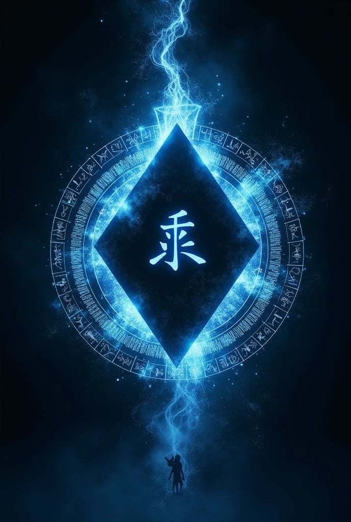 ((Best Quality)), ((masterpiece)), (detailed), an aura of wisdom in anime style, all light blue, with the black silhouette of a simple rhombus in the center, with the name Sabio written inside. With a black background, with universal knowledge and magic runes.
