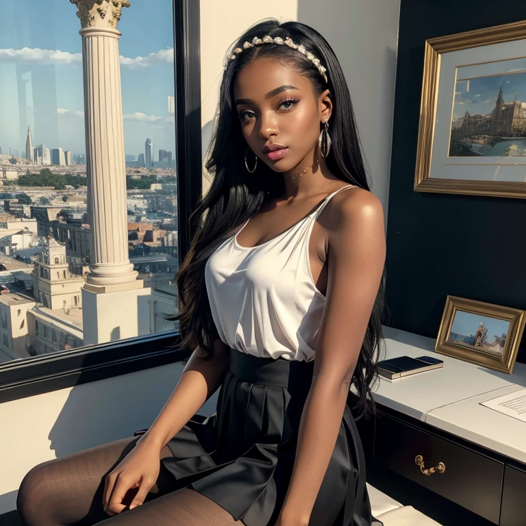 (masterpiece, best quality:1.5), highest quality, High resolution, super detailed, Realists, Full body photo of a black 22 year old woman, black skin, detailed and beautiful eyes, beautiful detailed lips, very detailed eyes and face, longeyelashes, 22 year old woman in a chiffon top, Beautiful and colorful makeup, elegant and noble々Pose,shiny satin headband,, Office as background, bright daylight, bright colors, fine brushstrokes, Portrait style, beautiful color palette, glowing skin, First-class rendering, that captures every detail, enchanting atmosphere, (perfect anatomy:1.2), (The stunning woman wears a shoulder-free silk blouse and a short skirt (magnificent panorama view:1.2)