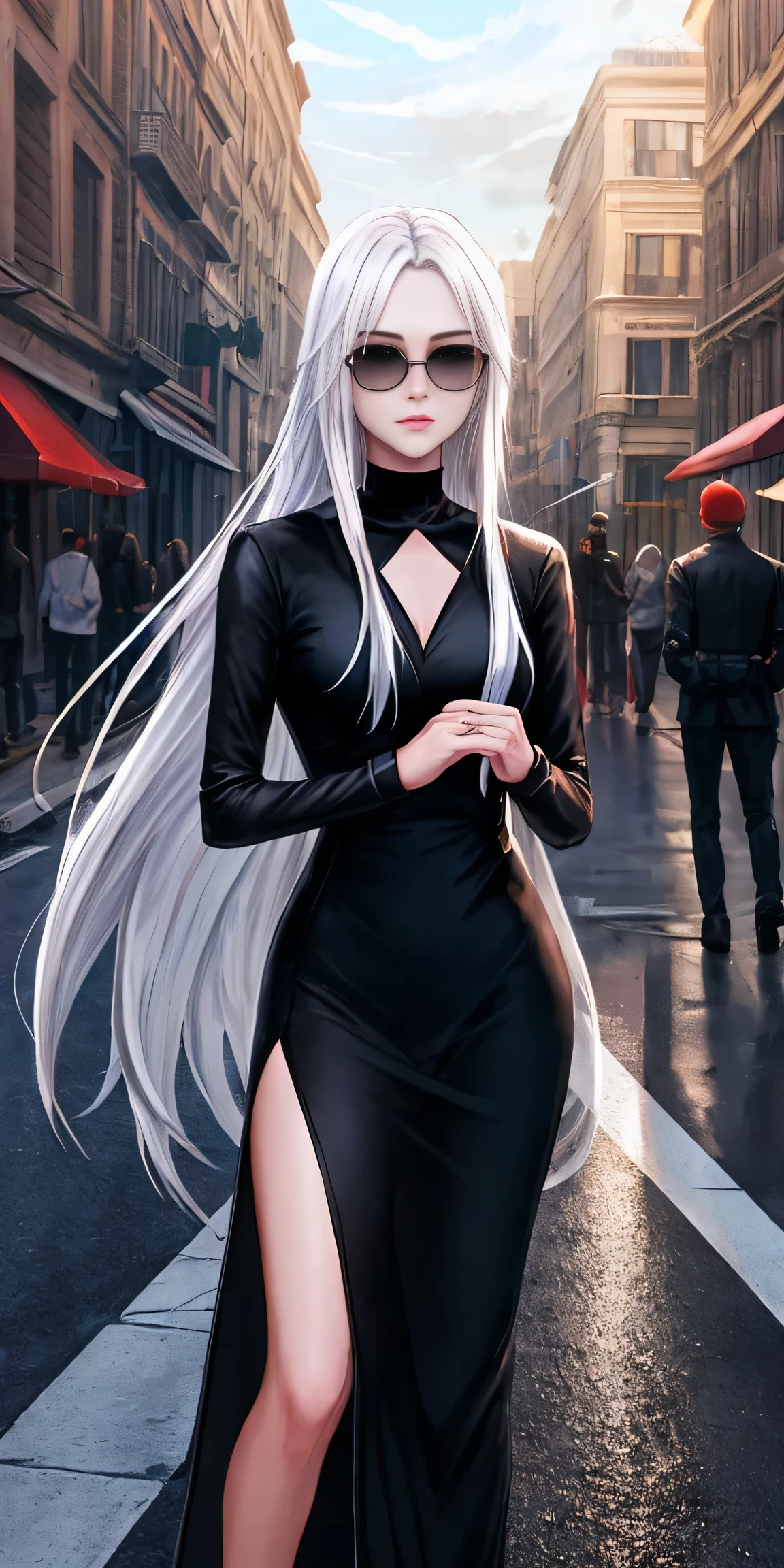 ultra quality, Shiny skin, atmospheric, 8 K, cinematic ((street background)) break ((long white hair)) narrowed black eyes, long black dress, CROSSED FINGERS, Sunglasses