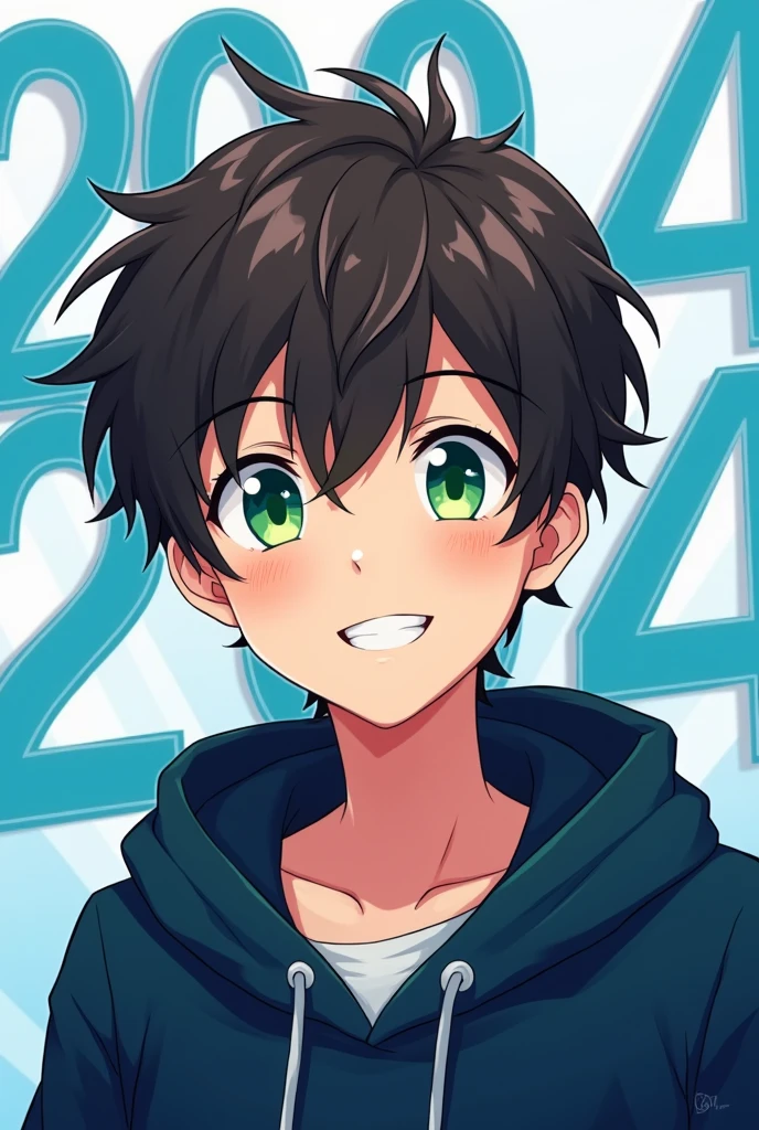 happy anime teen boy with dark blue hoodie,green eyes and dark brown hair with a background that says 2024 in white and blue background
