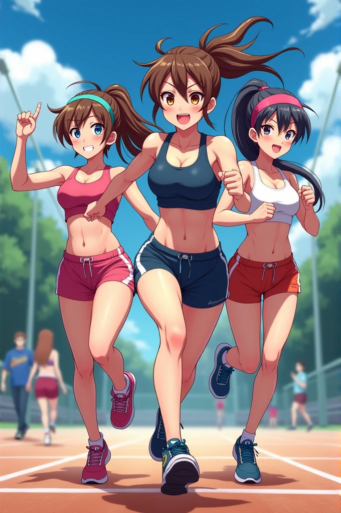 masterpiece, best quality, ultra-detailed, illustration, an extremely delicate and beautiful,high resolution, ultra-detailed,,perfect face,slender perfect body, Tight belly,Toned buttocks,Constricted waist,,(3 girls to running:1.7), ,(1girl to pink hair,1girl to white hair,1girl to brown hair), (1girl to very short hair,1girl to braided long hair,1girl to okappa hair),(hachimaki), shy daughter, short stature,(micro bikini:1.3),(huge breasts),(flom track and field), (fashionable track and field athlete), (wet:1.2), track and field,stadium,((very wide shot )),(cameltoe),( sweaty skin:1.2),(topless:2.0)