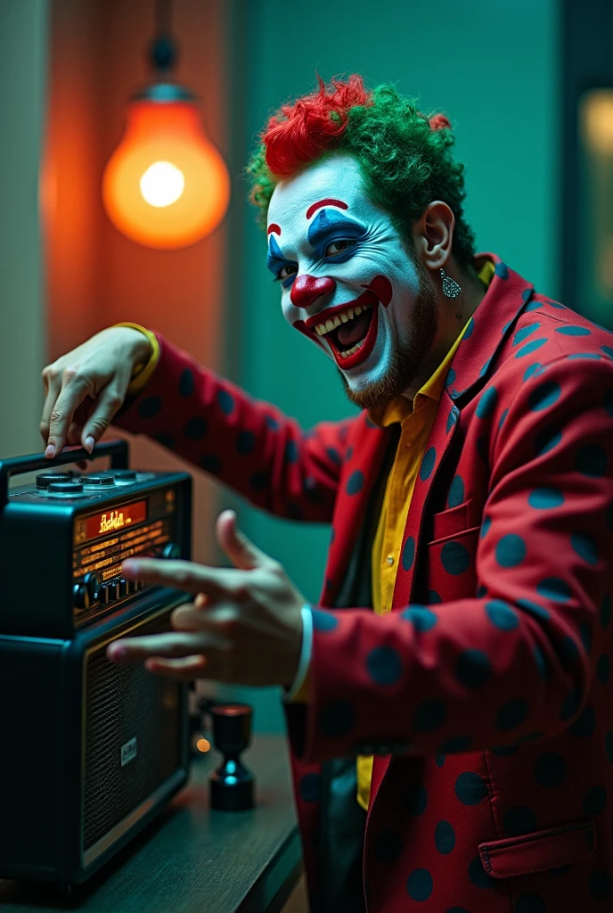 popular Russian rapper Morgenstern stands near the radio in clown makeup and he laughs at the same time 