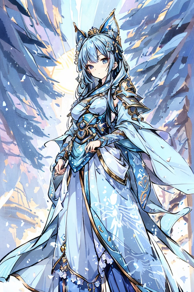 a close up of a young woman with long hair in a battlemage blue and white armour, lots of veils decorations, standing with the sun behind her, full portrait of elementalist, beautiful celestial mage, traditional japanesse art, full portrait of magical knight, shadowverse style, shadowverse character concept, small waist, perfect proportions, cute big eyes