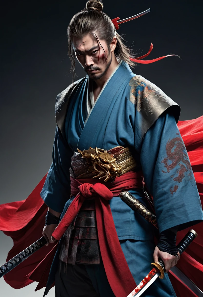 a samurai with dark blond hair, with light blue eyes and his left eye closed by a scar, with a red cloak full of blood, walking over corpses, in his hand a katana full of blood and with a dragon tattoo on his right hand