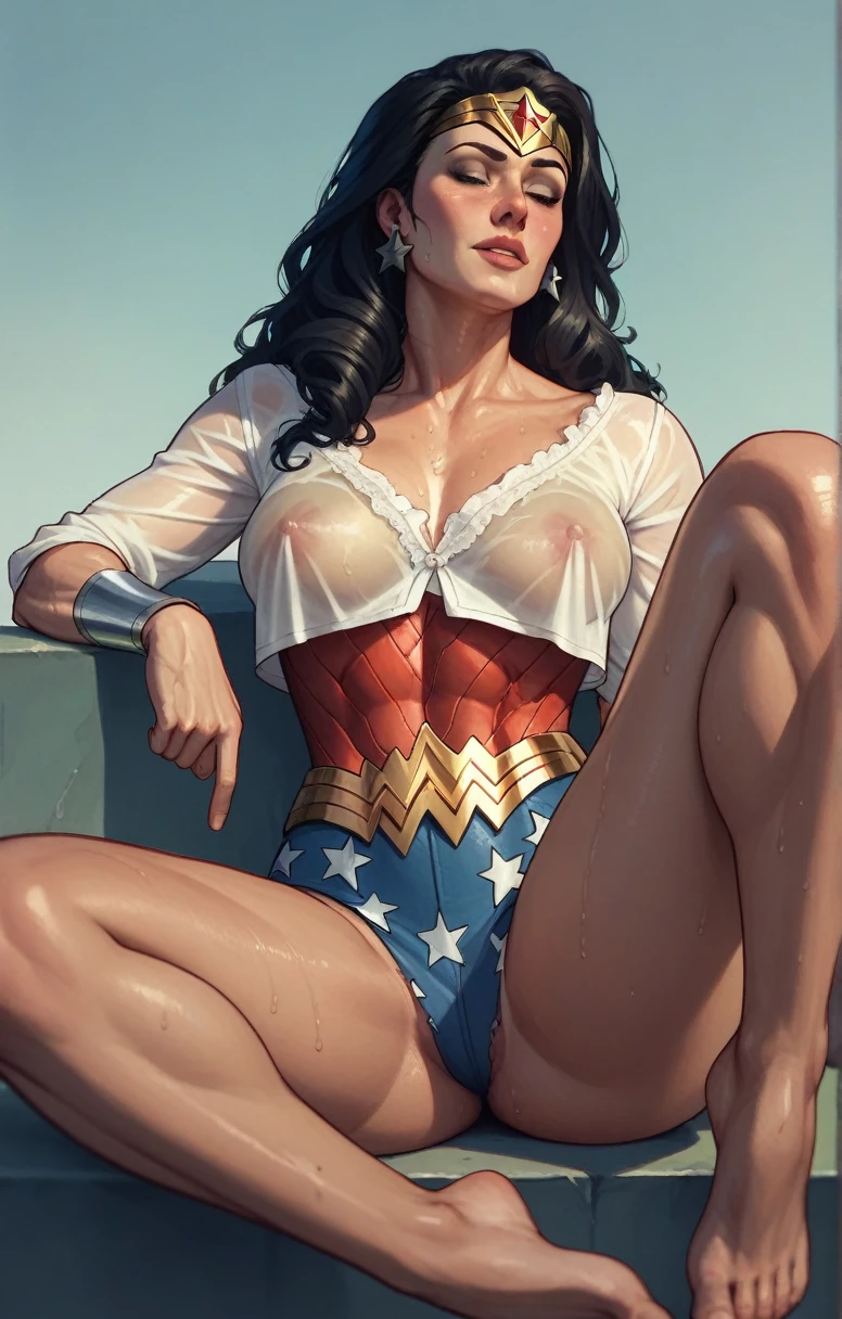 Wonder woman, sweaty, transparent blouse, blouse clinging to her body, sitting on hulk's leg

