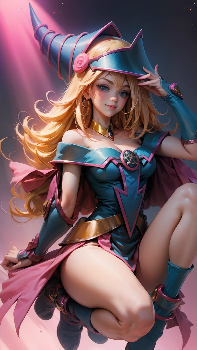 Toma half body. Beautiful dark magician gils, blue eyes, long thick black eyelashes, pink lips. Socks with pink blush, innocent smile, gold earrings. gold choker, Long blonde hair, Sensual and innocent pose. half body. 