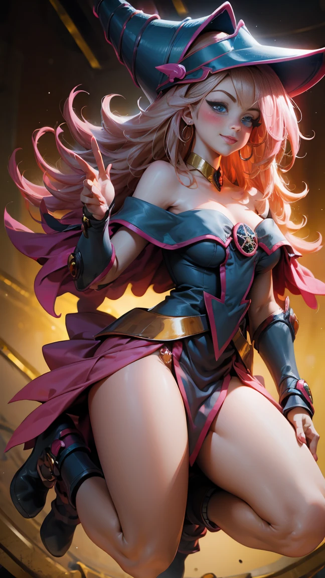 Toma half body. Beautiful dark magician gils, blue eyes, long thick black eyelashes, pink lips. Socks with pink blush, innocent smile, gold earrings. gold choker, Long blonde hair, Sensual and innocent pose. half body.