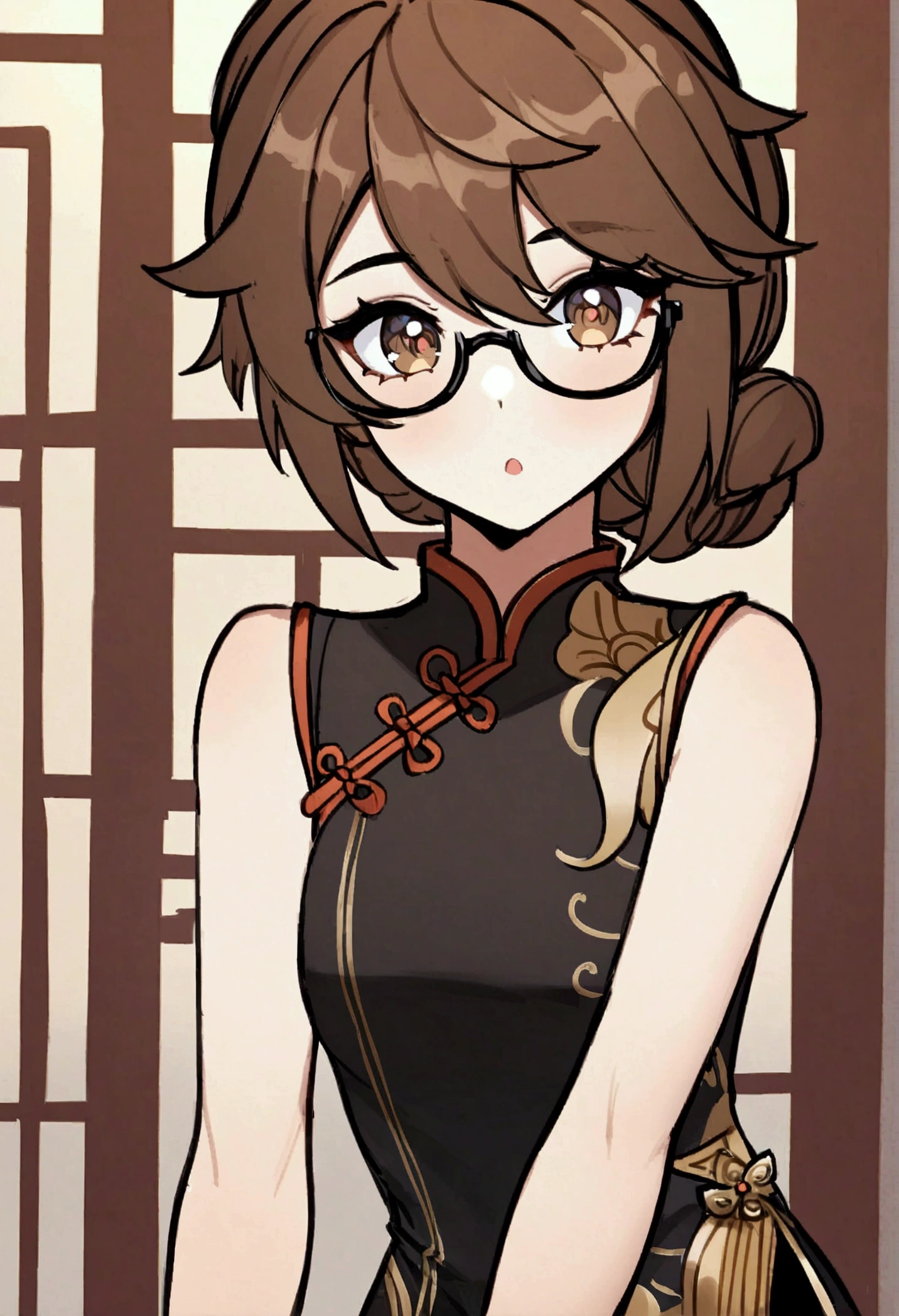 Genshin Impact, splash ert, brown hair, hazel eyes, girl, kind, Liyue, Chinese clothes, stylized clothes, glasses, hydro vision