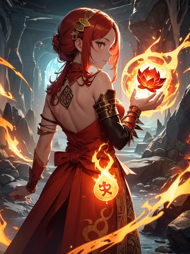 (((best quality, sharp image, clear image, cinematic lighting, 8k resolution, masterpiece, ultra detailed, intricate))) Girl, (((looking over shoulder))), shot from behind, ((half shot)), fire mage, cute, fiery red hair, pigtails in hair, (intricate dress), (white dress), ribbons in hair, smiling, fiery red, ((intricate Portal background)), ((fire magic)), candles, ((glowing runes on skin)), (flame patterns), ((fiery lotus flowers)), busy background., ((fire sigils)), (rock formations), Exploding rock, lavafalls, gauntlets, ((Red rubies)), busy background.